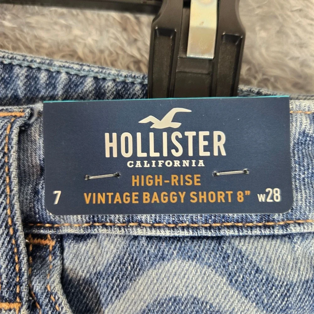 Hollister High-Rise Vintage Baggy Shorts 8 Blue Wave Swirl Pattern Denim 7 W28